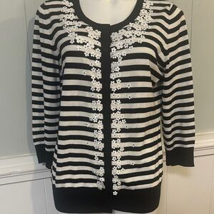 Talbots Black and White Striped Cardigan with Floral Accents